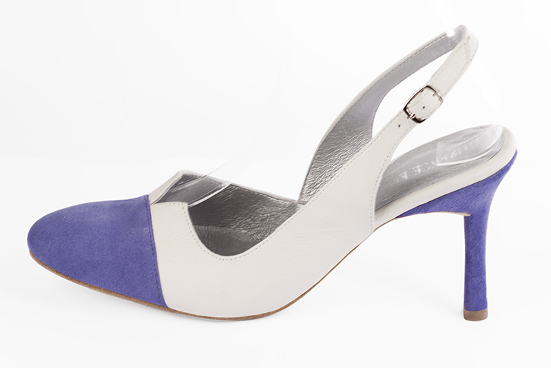 Lavender purple and pure white women's open back shoes, with a knot. Round toe. Very high slim heel. Profile view - Florence KOOIJMAN